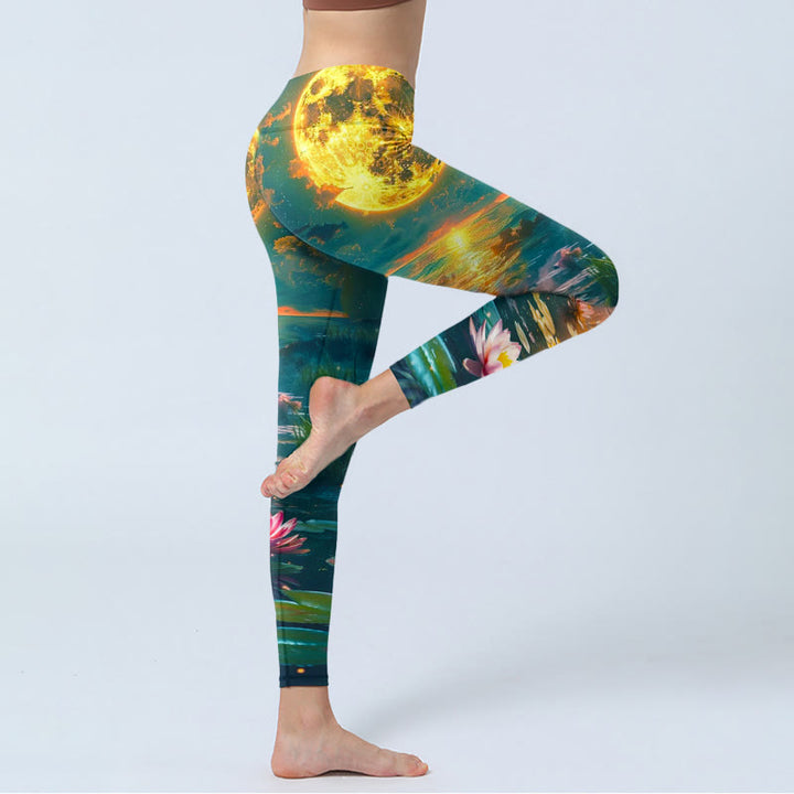 Leggings da palestra con stampa di Buddha Stones, fiori di loto, foglie e luna piena, pantaloni da yoga da donna