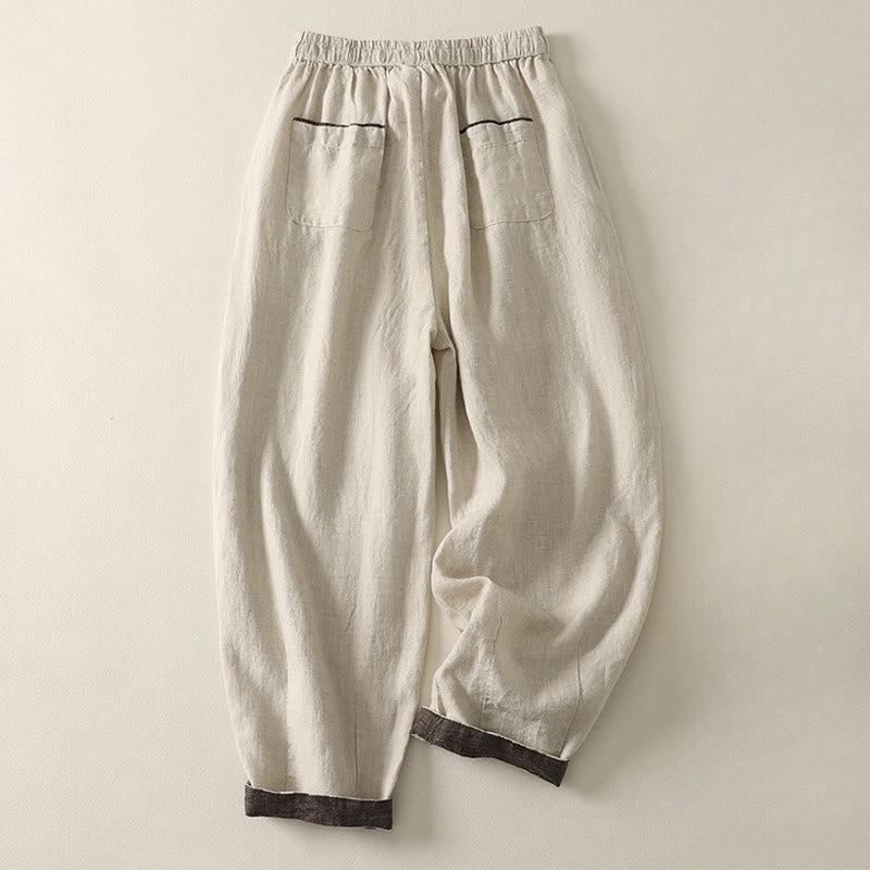 Pantaloni harem da donna in cotone e lino, con tasche, lunghezza 9, con coulisse, casual, estivi, colore puro, Buddha Stones - image 1