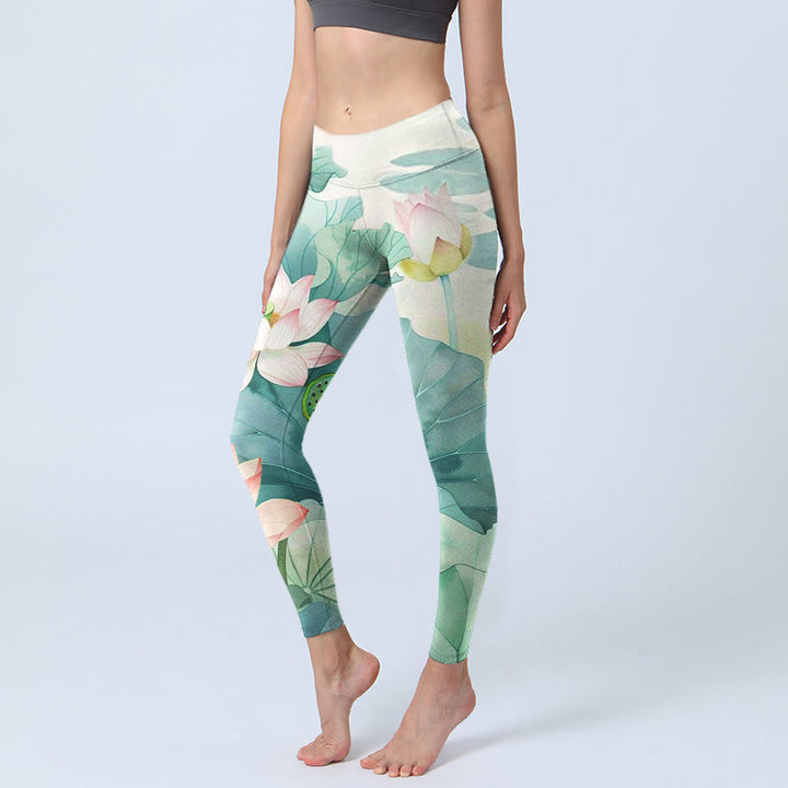 Leggings da palestra con stampa di Buddha Stones, fiori di loto, foglie e baccelli di loto, pantaloni da yoga da donna