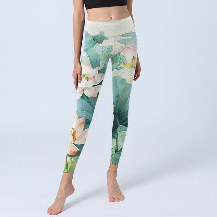 Leggings da palestra con stampa di Buddha Stones, fiori di loto, foglie e baccelli di loto, pantaloni da yoga da donna