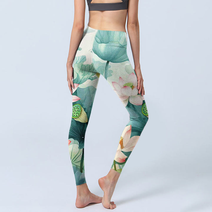 Leggings da palestra con stampa di Buddha Stones, fiori di loto, foglie e baccelli di loto, pantaloni da yoga da donna