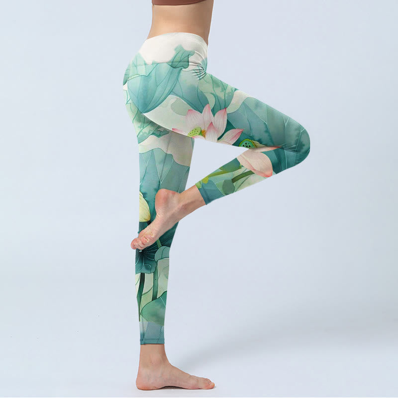 Leggings da palestra con stampa di Buddha Stones, fiori di loto, foglie e baccelli di loto, pantaloni da yoga da donna
