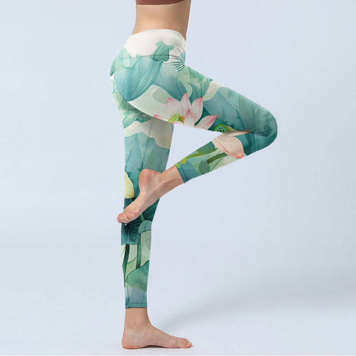 Leggings da palestra con stampa di Buddha Stones, fiori di loto, foglie e baccelli di loto, pantaloni da yoga da donna