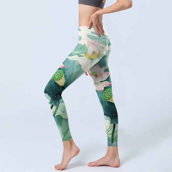 Leggings da palestra con stampa di Buddha Stones, fiori di loto, foglie e baccelli di loto, pantaloni da yoga da donna