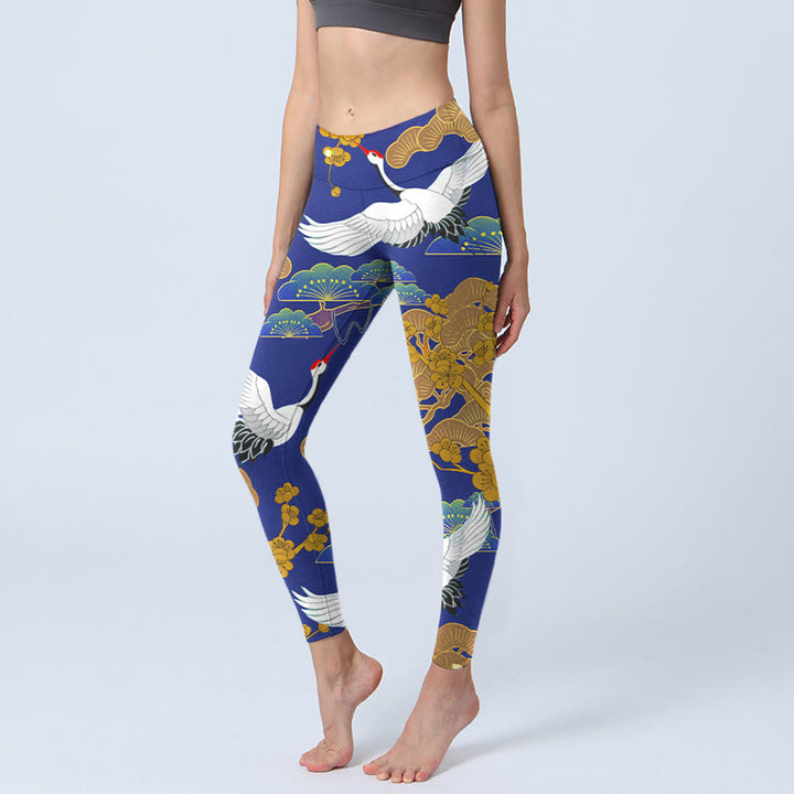 Leggings da palestra con stampa di Buddha Stones Flying Red-Crowned Crane, motivo floreale di pino, pantaloni da yoga da donna