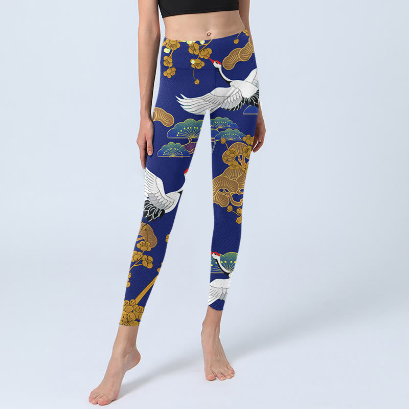 Leggings da palestra con stampa di Buddha Stones Flying Red-Crowned Crane, motivo floreale di pino, pantaloni da yoga da donna
