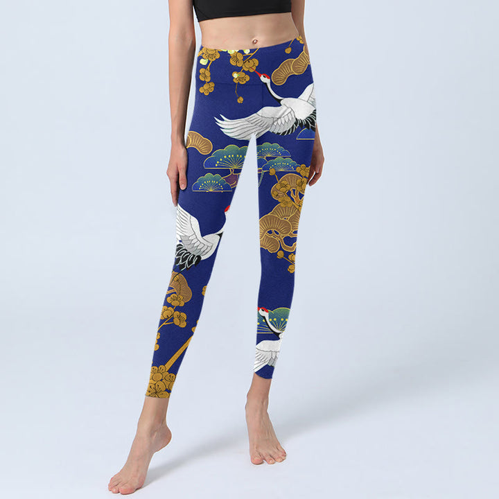 Leggings da palestra con stampa di Buddha Stones Flying Red-Crowned Crane, motivo floreale di pino, pantaloni da yoga da donna