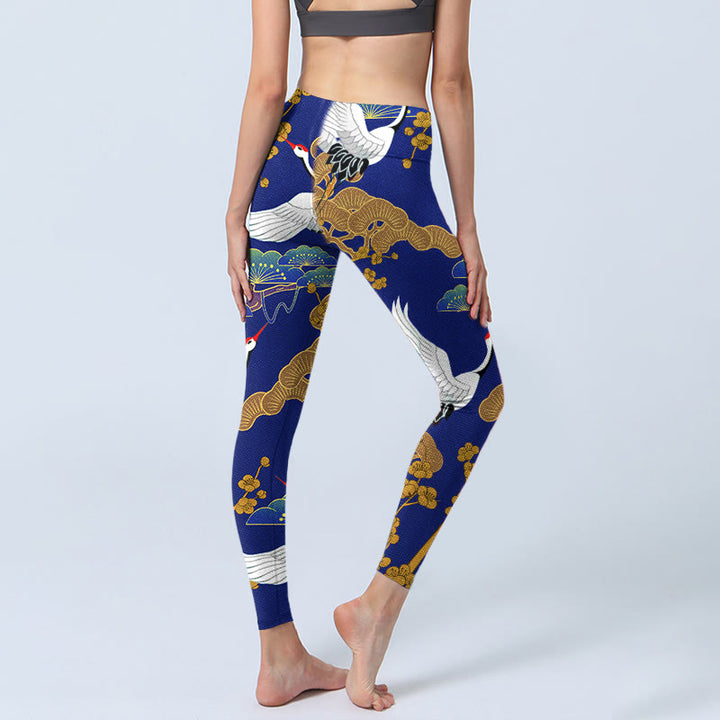 Leggings da palestra con stampa di Buddha Stones Flying Red-Crowned Crane, motivo floreale di pino, pantaloni da yoga da donna