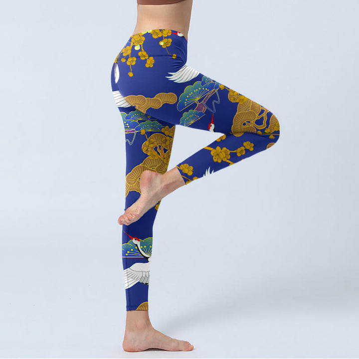 Leggings da palestra con stampa di Buddha Stones Flying Red-Crowned Crane, motivo floreale di pino, pantaloni da yoga da donna