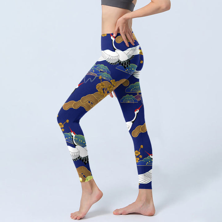 Leggings da palestra con stampa di Buddha Stones Flying Red-Crowned Crane, motivo floreale di pino, pantaloni da yoga da donna