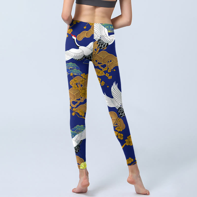 Leggings da palestra con stampa di Buddha Stones Flying Red-Crowned Crane, motivo floreale di pino, pantaloni da yoga da donna