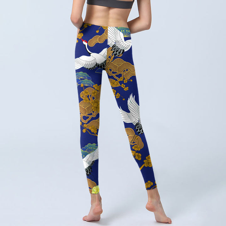 Leggings da palestra con stampa di Buddha Stones Flying Red-Crowned Crane, motivo floreale di pino, pantaloni da yoga da donna