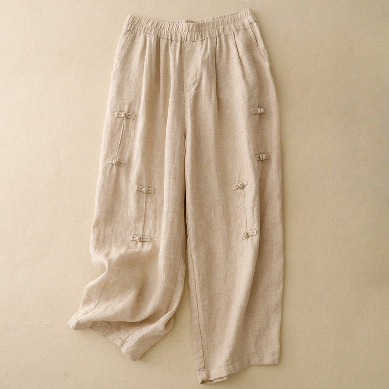 Pantaloni harem da donna in cotone e lino, con tasche, modello Buddha Stones, casual, tinta unita, con bottoni a rana, lunghezza 7-8 - Grano - US8-10, UK/AU12-14, EU40-42 (2XL) - image 7