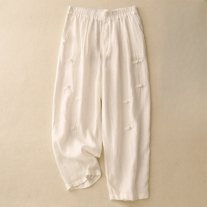 Pantaloni harem da donna in cotone e lino, con tasche, modello Buddha Stones, casual, tinta unita, con bottoni a rana, lunghezza 7-8 - OldLace - US8-10, UK/AU12-14, EU40-42 (2XL) - image 3