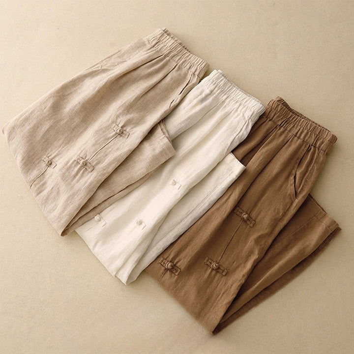 Pantaloni harem da donna in cotone e lino, con tasche, modello Buddha Stones, casual, tinta unita, con bottoni a rana, lunghezza 7-8 - image 18