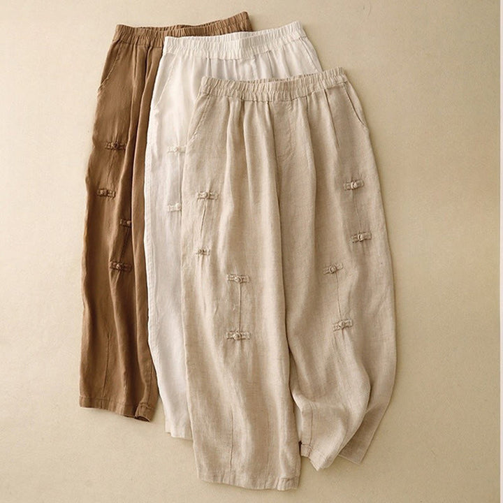 Pantaloni harem da donna in cotone e lino, con tasche, modello Buddha Stones, casual, tinta unita, con bottoni a rana, lunghezza 7-8 - image 17