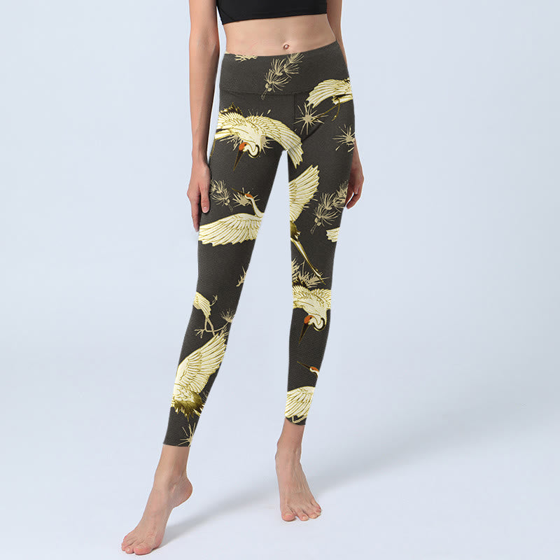 Leggings da palestra con stampa di Buddha Stones Flying Red-coronato, rami di gru e aghi di pino, pantaloni da yoga da donna