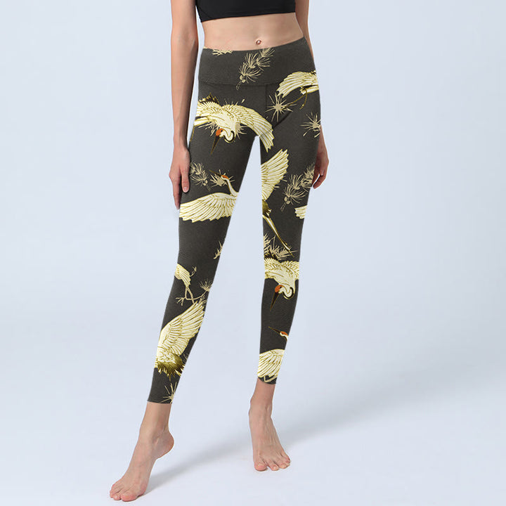 Leggings da palestra con stampa di Buddha Stones Flying Red-coronato, rami di gru e aghi di pino, pantaloni da yoga da donna