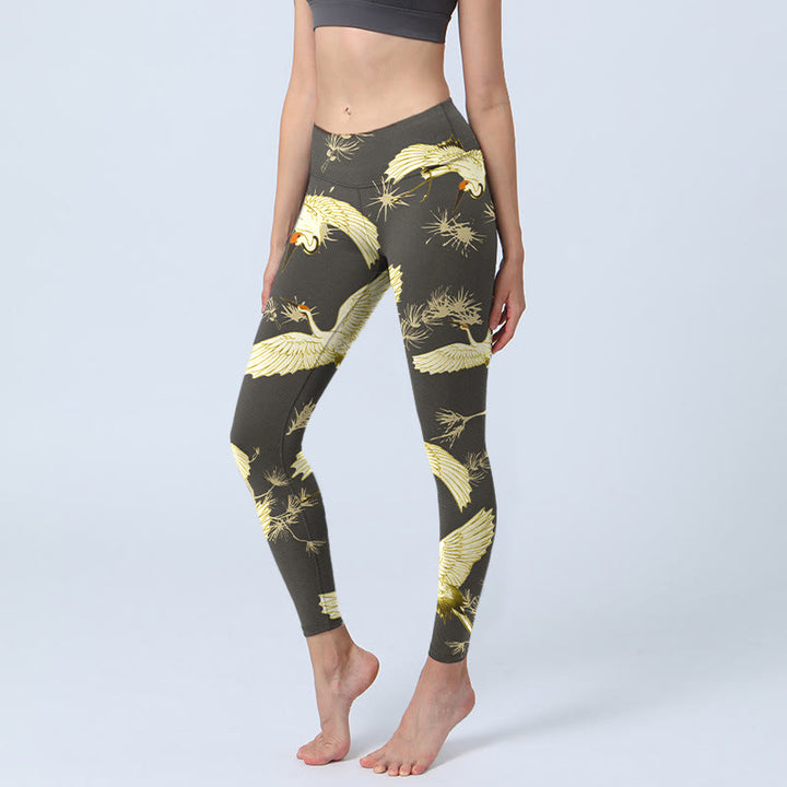 Leggings da palestra con stampa di Buddha Stones Flying Red-coronato, rami di gru e aghi di pino, pantaloni da yoga da donna