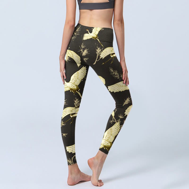 Leggings da palestra con stampa di Buddha Stones Flying Red-coronato, rami di gru e aghi di pino, pantaloni da yoga da donna