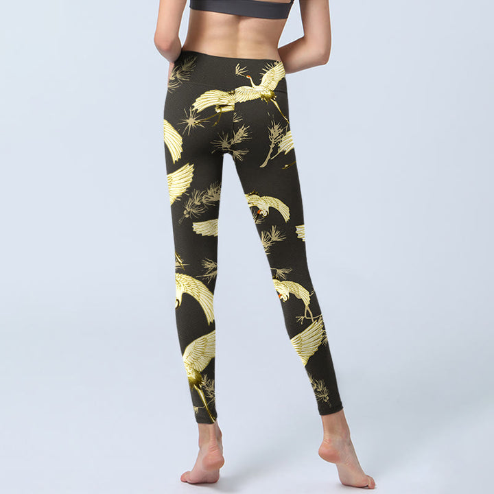 Leggings da palestra con stampa di Buddha Stones Flying Red-coronato, rami di gru e aghi di pino, pantaloni da yoga da donna