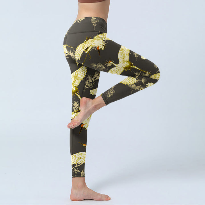Leggings da palestra con stampa di Buddha Stones Flying Red-coronato, rami di gru e aghi di pino, pantaloni da yoga da donna