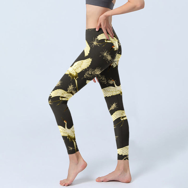 Leggings da palestra con stampa di Buddha Stones Flying Red-coronato, rami di gru e aghi di pino, pantaloni da yoga da donna