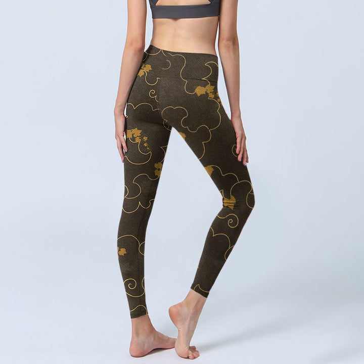 Leggings da palestra con stampa a foglia d'acero e motivo a nuvola Buddha Stones, pantaloni da yoga da donna