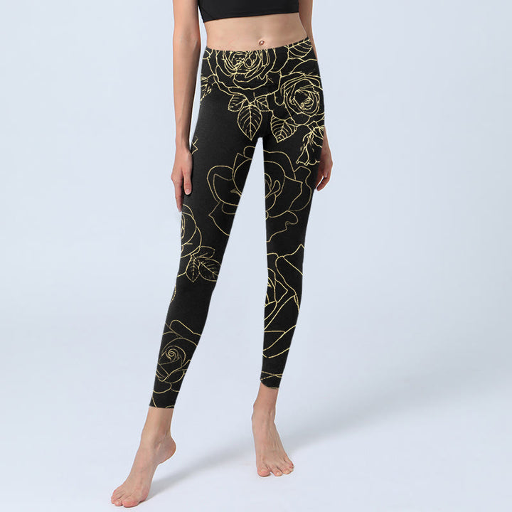 Leggings da palestra con stampa di Buddha Stones, fiori di rosa, foglie e linee dorate, pantaloni da yoga da donna