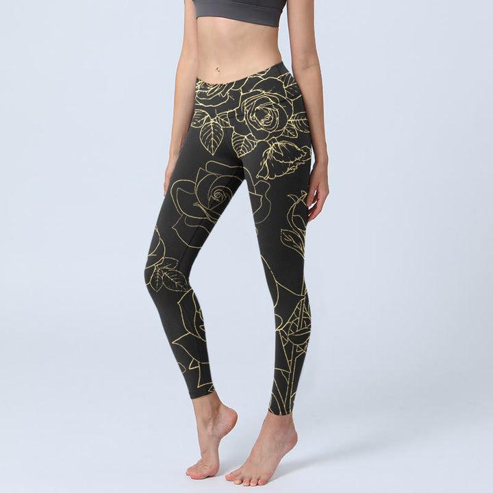 Leggings da palestra con stampa di Buddha Stones, fiori di rosa, foglie e linee dorate, pantaloni da yoga da donna