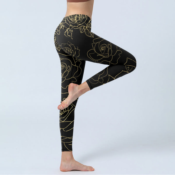 Leggings da palestra con stampa di Buddha Stones, fiori di rosa, foglie e linee dorate, pantaloni da yoga da donna