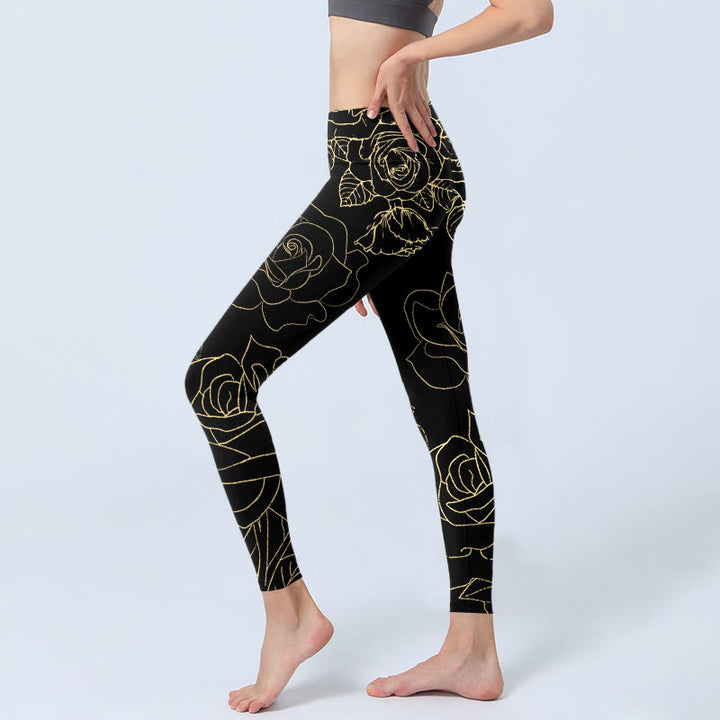 Leggings da palestra con stampa di Buddha Stones, fiori di rosa, foglie e linee dorate, pantaloni da yoga da donna