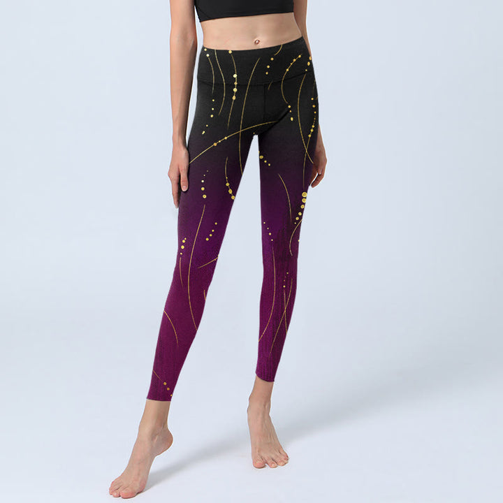 Leggings da palestra con stampa a linee dorate, sottili e lunghe, con motivo astratto sfumato Buddha Stones, pantaloni da yoga da donna