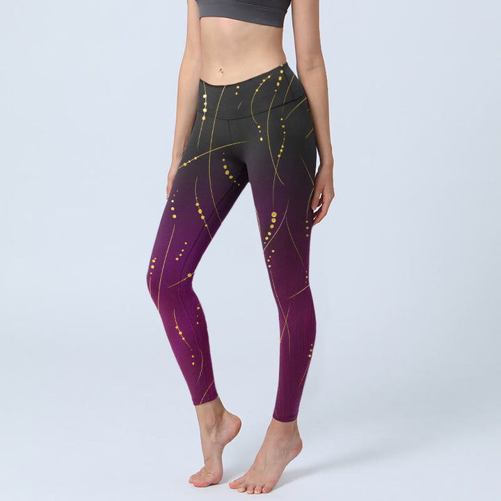 Leggings da palestra con stampa a linee dorate, sottili e lunghe, con motivo astratto sfumato Buddha Stones, pantaloni da yoga da donna