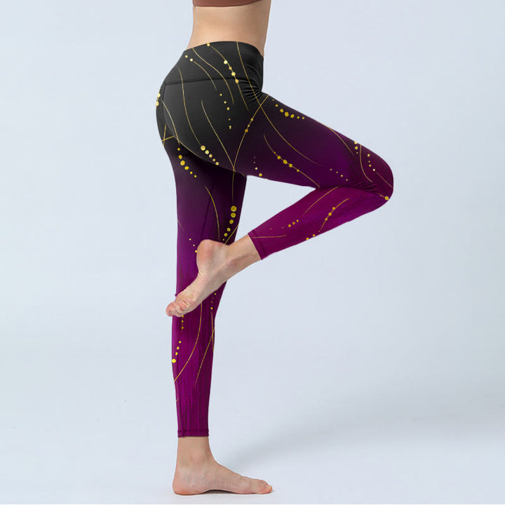 Leggings da palestra con stampa a linee dorate, sottili e lunghe, con motivo astratto sfumato Buddha Stones, pantaloni da yoga da donna
