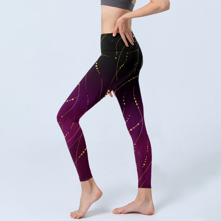Leggings da palestra con stampa a linee dorate, sottili e lunghe, con motivo astratto sfumato Buddha Stones, pantaloni da yoga da donna