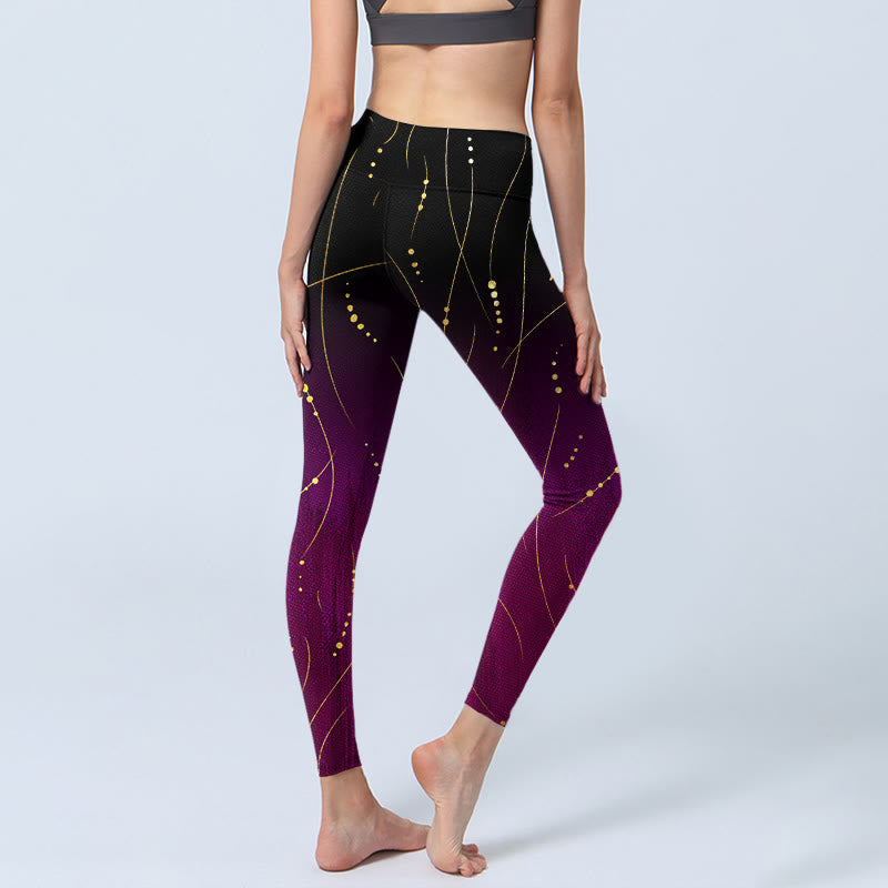 Leggings da palestra con stampa a linee dorate, sottili e lunghe, con motivo astratto sfumato Buddha Stones, pantaloni da yoga da donna