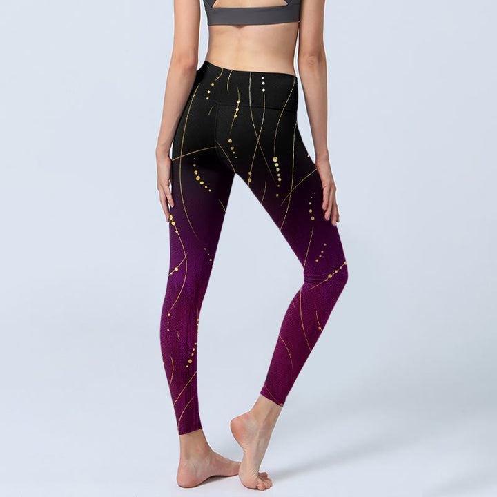 Leggings da palestra con stampa a linee dorate, sottili e lunghe, con motivo astratto sfumato Buddha Stones, pantaloni da yoga da donna