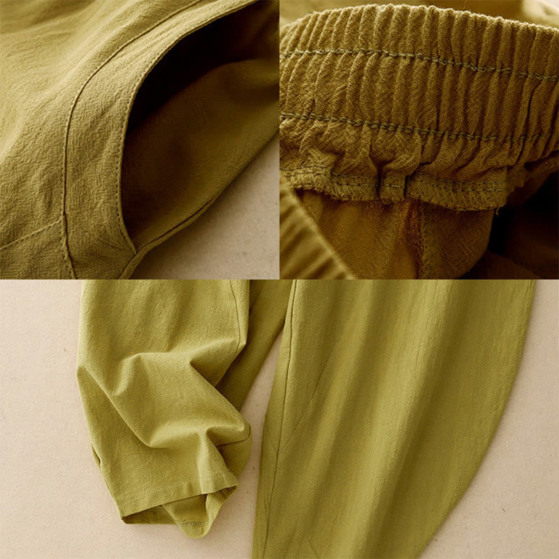 Pantaloni da donna in lino e cotone con elastico in vita, tinta unita , Buddha Stones Daily, con tasche - image 2