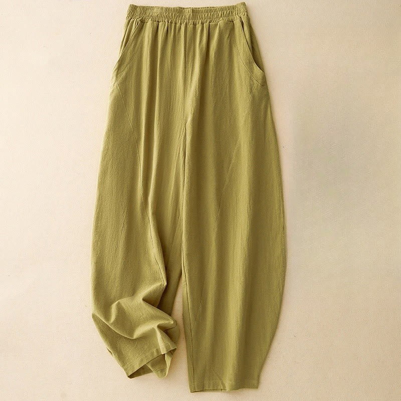Pantaloni da donna in lino e cotone con elastico in vita, tinta unita , Buddha Stones Daily, con tasche - GialloVerde - US8-10, UK/AU12-14, EU40-42 (2XL) - image 0