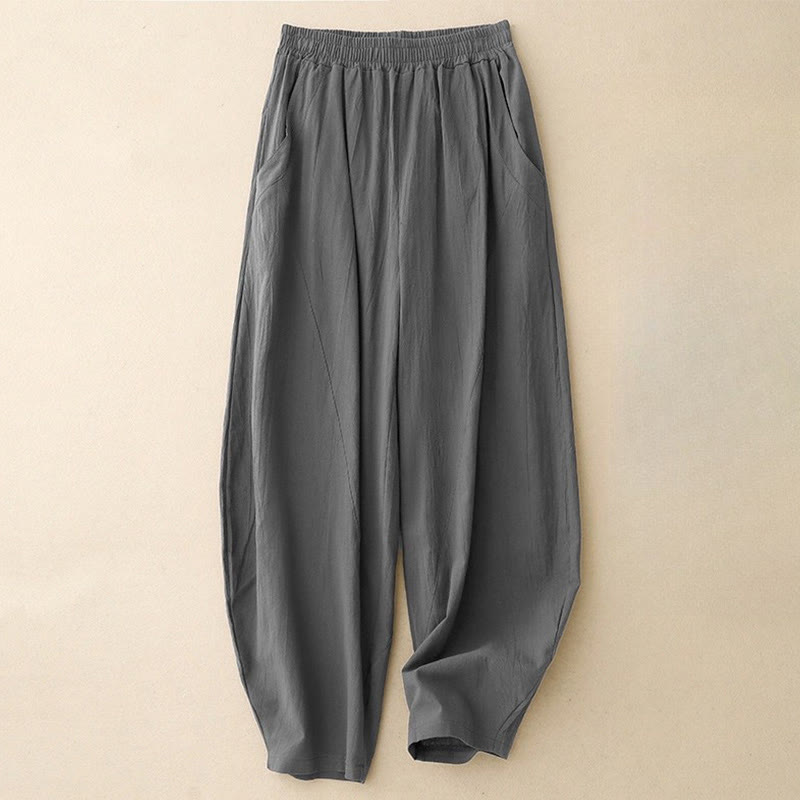 Pantaloni da donna in lino e cotone con elastico in vita, tinta unita , Buddha Stones Daily, con tasche - Grigio ardesia - US8-10, UK/AU12-14, EU40-42 (2XL) - image 3