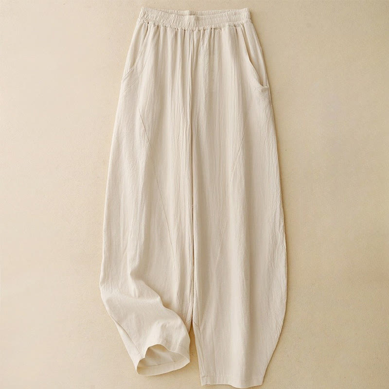 Pantaloni da donna in lino e cotone con elastico in vita, tinta unita , Buddha Stones Daily, con tasche - image 9