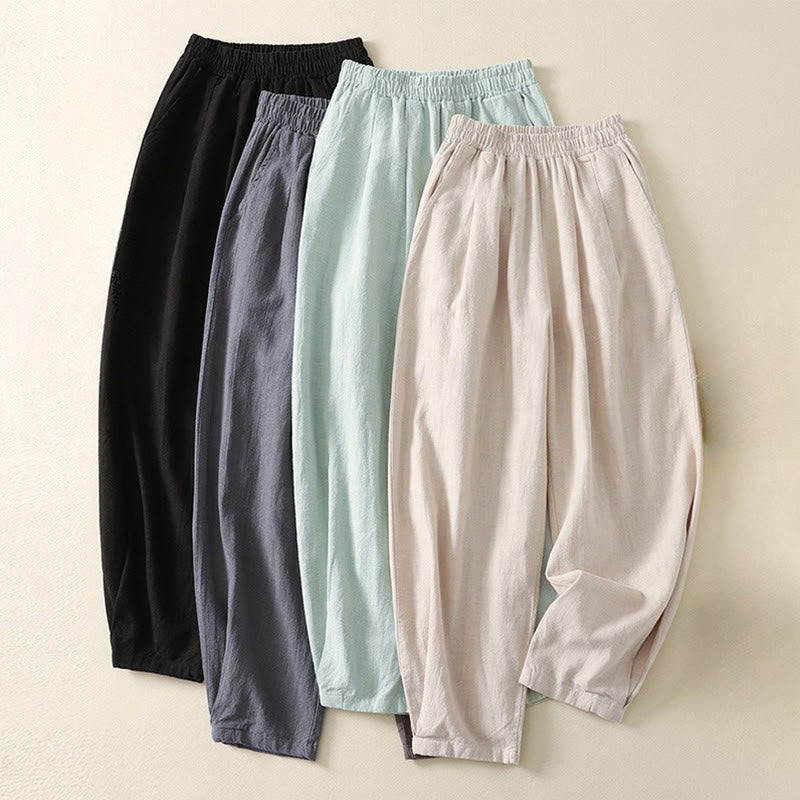 Pantaloni da donna in cotone e lino con elastico in vita, tinta unita, Buddha Stones Commute, con tasche - image 19