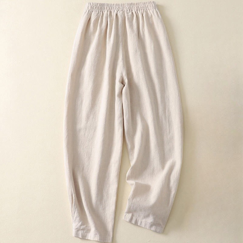 Pantaloni da donna in cotone e lino con elastico in vita, tinta unita, Buddha Stones Commute, con tasche - image 1
