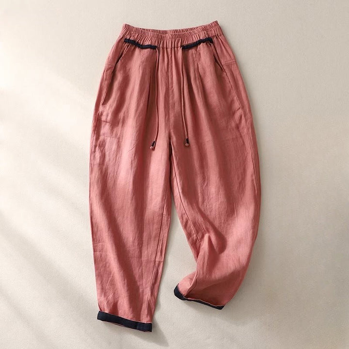 Pantaloni harem da donna con tasche, lunghezza 7-8, con coulisse, design versatile con colori a contrasto , Buddha Stones - RossoViolaPale - US14, UK/AU18, EU46 (4XL) - image 1