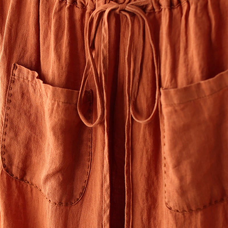 Pantaloni larghi da donna in cotone e lino, con tasche, modello Buddha Stones, casual, tinta unita, con coulisse, lunghezza 9