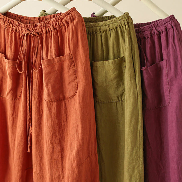 Pantaloni larghi da donna in cotone e lino, con tasche, modello Buddha Stones, casual, tinta unita, con coulisse, lunghezza 9