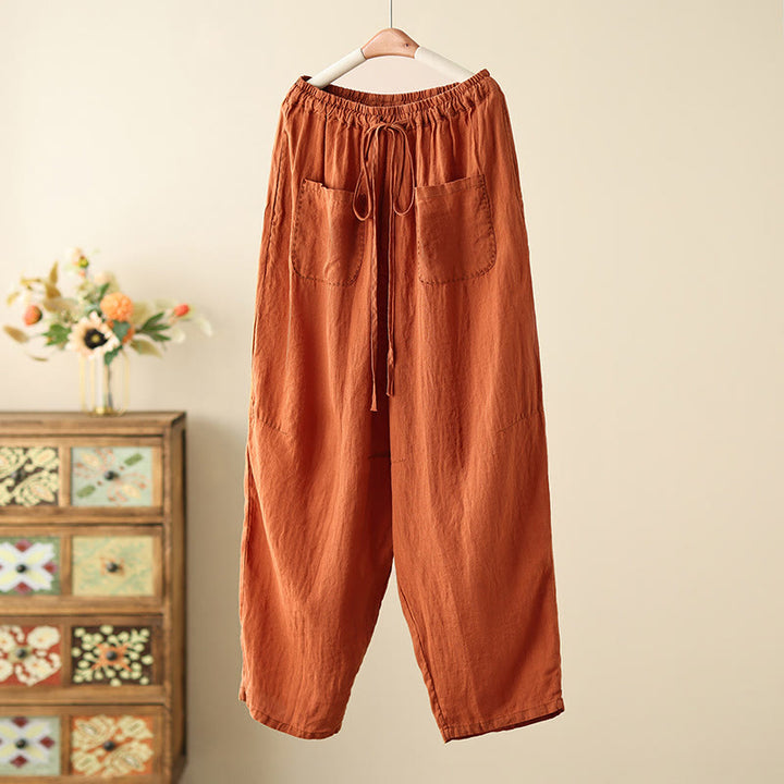 Pantaloni larghi da donna in cotone e lino, con tasche, modello Buddha Stones, casual, tinta unita, con coulisse, lunghezza 9