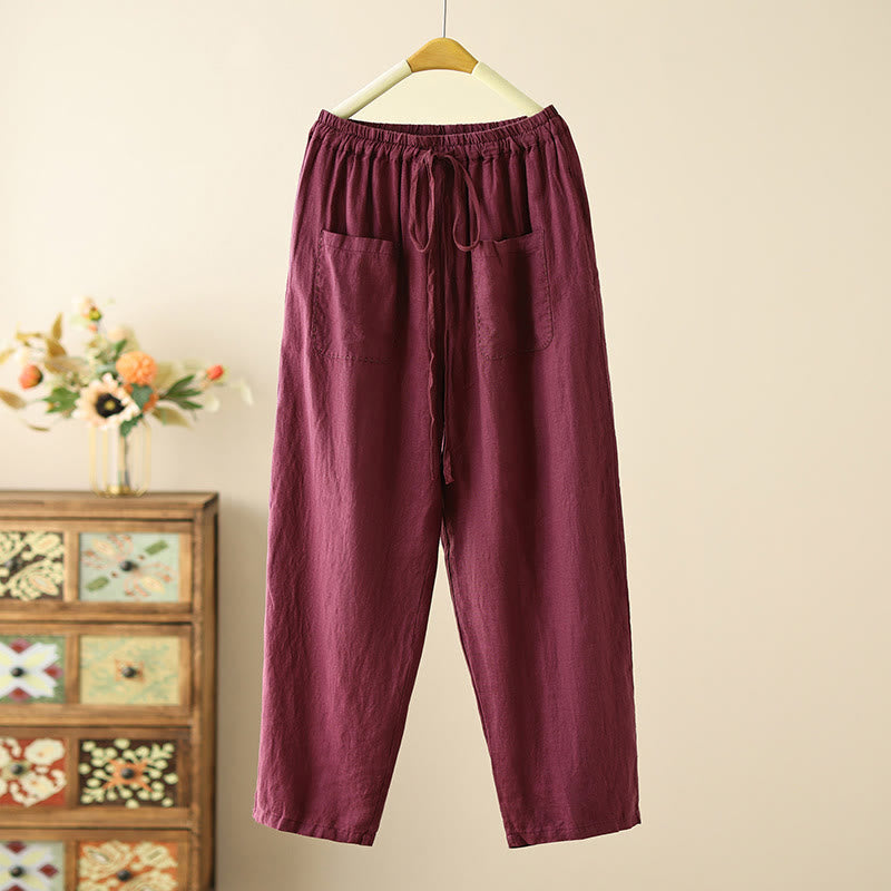 Pantaloni larghi da donna in cotone e lino, con tasche, modello Buddha Stones, casual, tinta unita, con coulisse, lunghezza 9