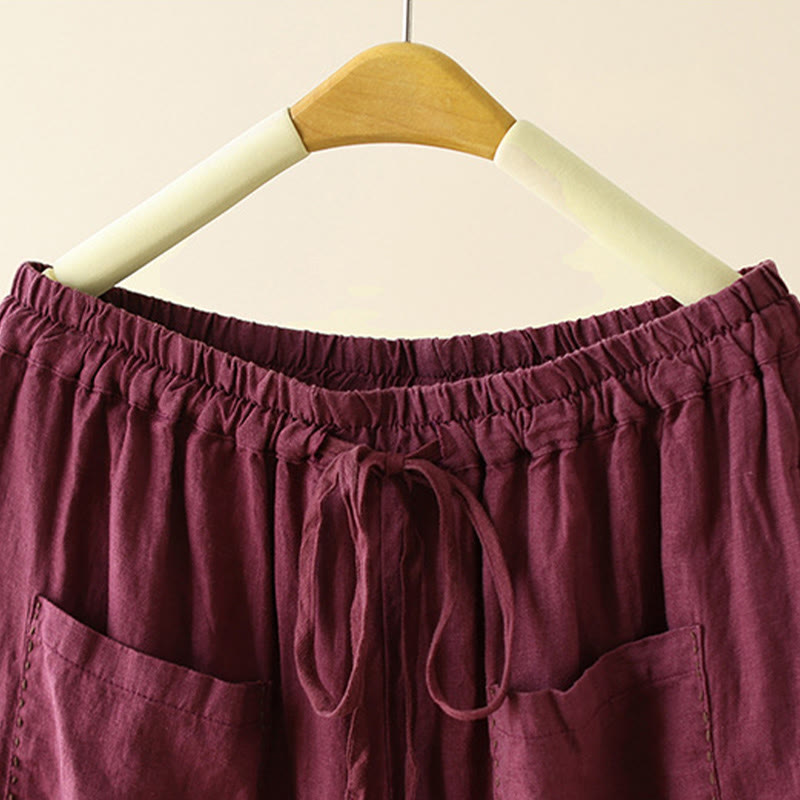 Pantaloni larghi da donna in cotone e lino, con tasche, modello Buddha Stones, casual, tinta unita, con coulisse, lunghezza 9